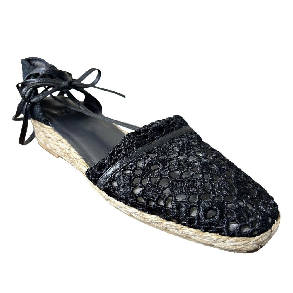 Stuart‎ Weitzman Espadrille 8 Black Crochet Lace Wedge Ankle Lace Up Sandals